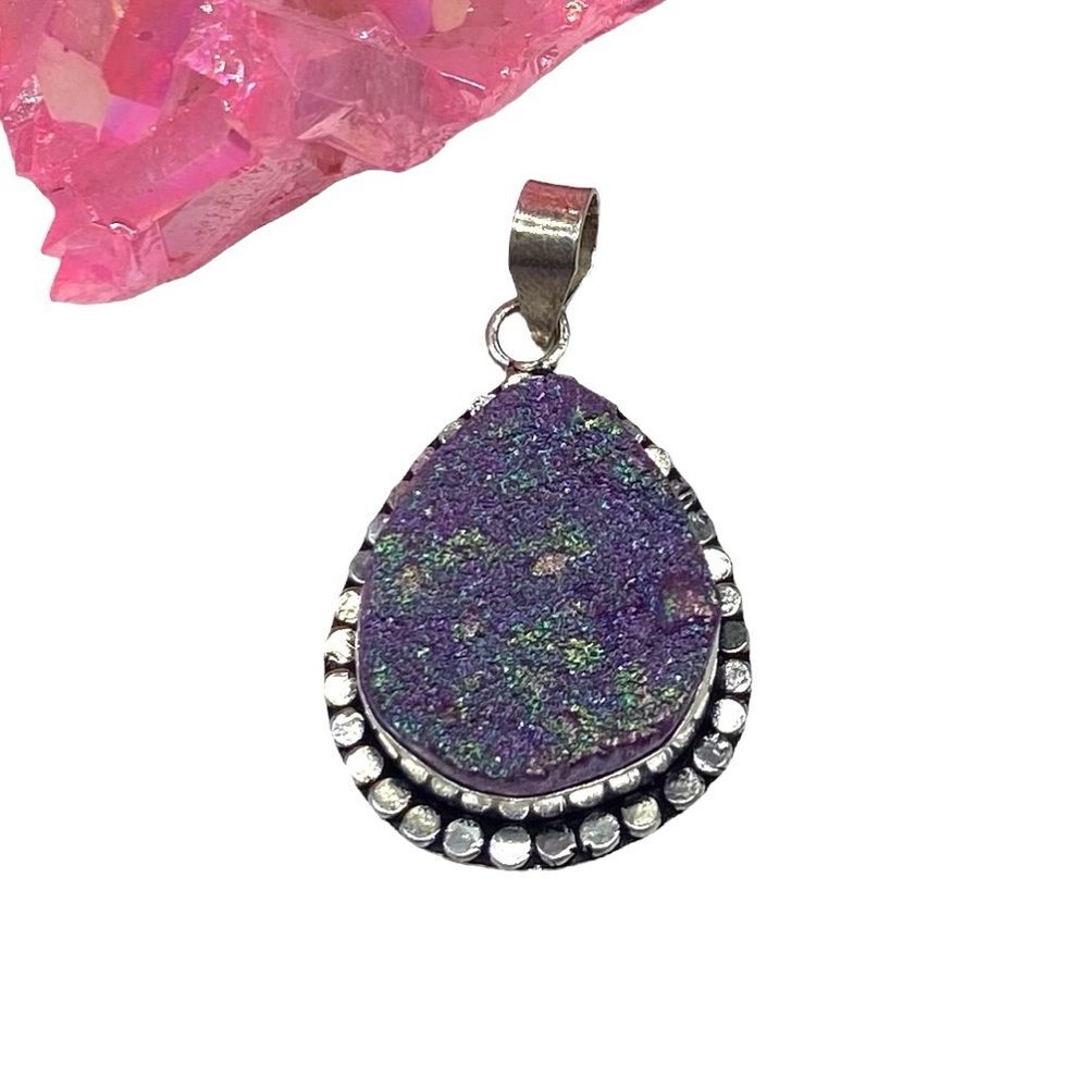 Titanium Druzy Necklace Pendant 925 Sterling Silver Overlay Stone Purple